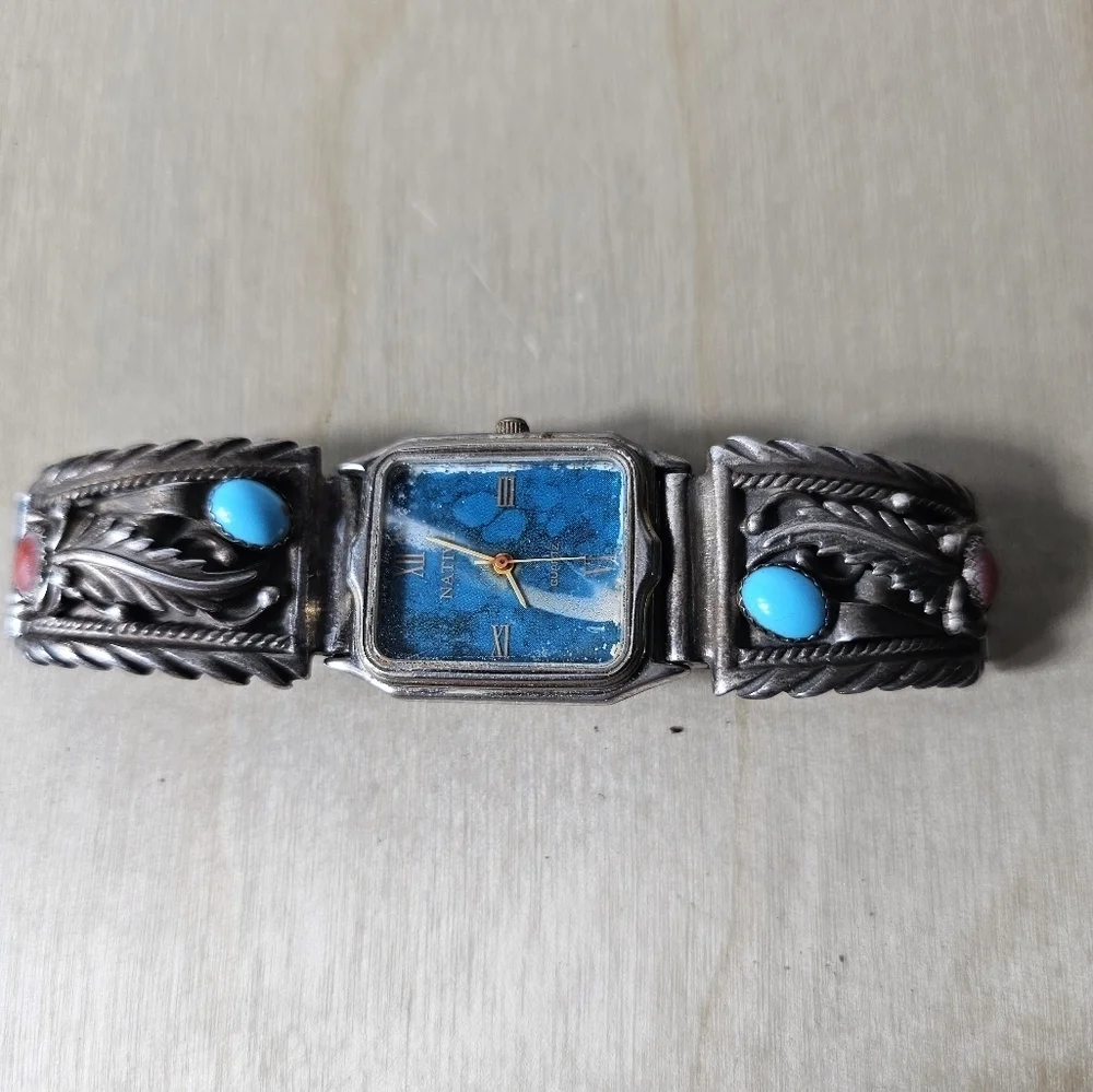 Navajo Sterling Silver STC Skyway Trading Co Turquoise/ Coral Native Runs